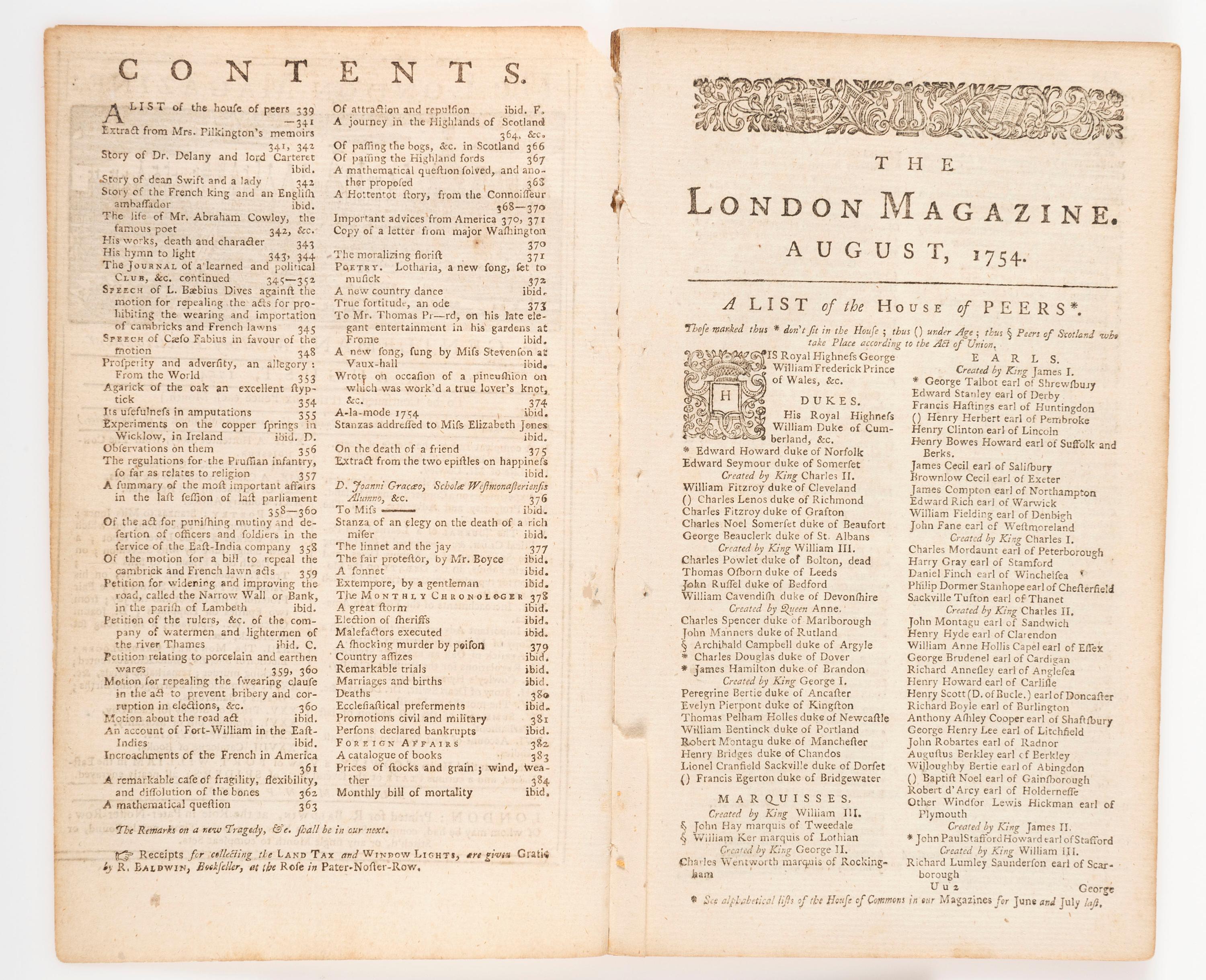 [FRENCH & INDIAN WAR - BATTLE OF JUMONVILLE GLEN]. The London Magazine: Or, Gentleman's Monthly Intelligencer . London: R. Baldwin, August 1754.