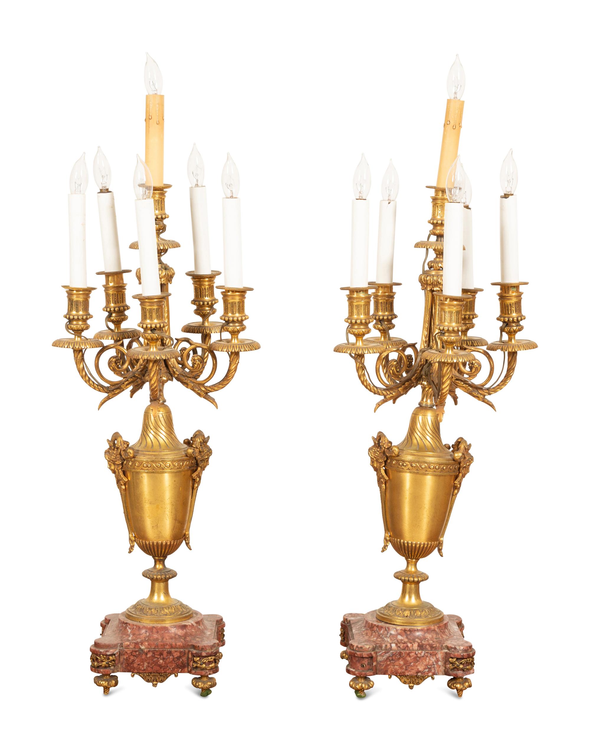 A Pair of Empire Style Six-Light Bronze Urn-form Candelabra