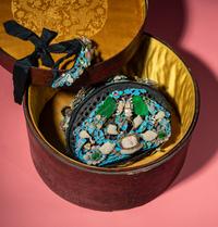 A Chinese Pearl, Jadeite, and Hardstone Ornamented Court Headdress, Dianzi, with Headband, Box, and Four Hairpins, 19th Century 清晚期 珠翠鈿子及遮眉勒一套