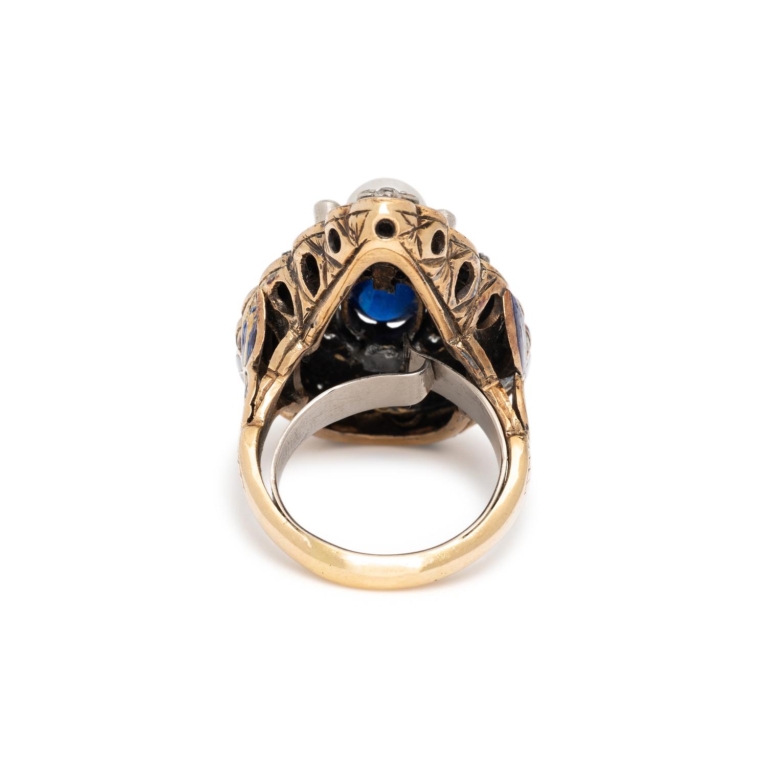 ANTIQUE, SAPPHIRE, DIAMOND, CULTURED PEARL AND ENAMEL RING