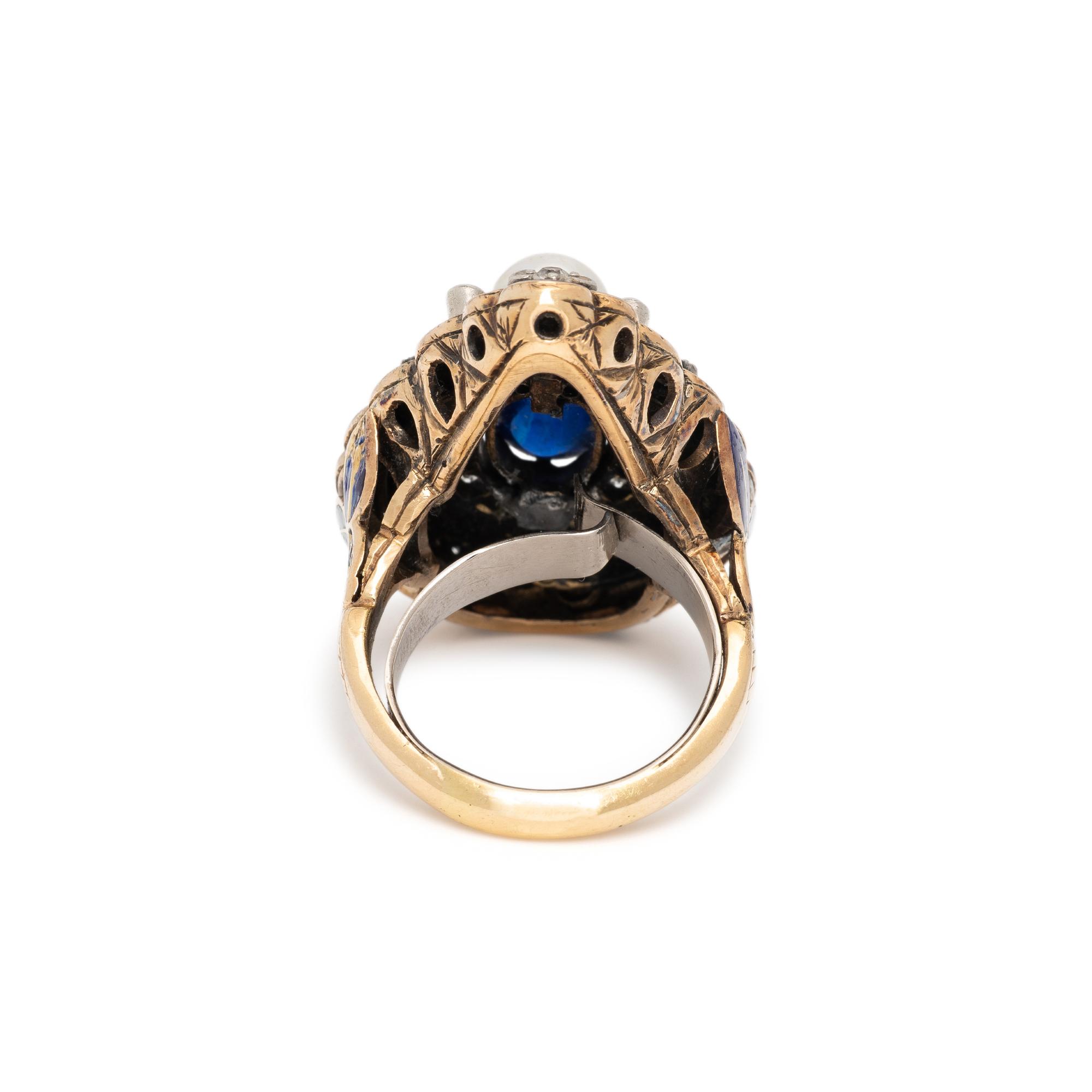 ANTIQUE, SAPPHIRE, DIAMOND, CULTURED PEARL AND ENAMEL RING