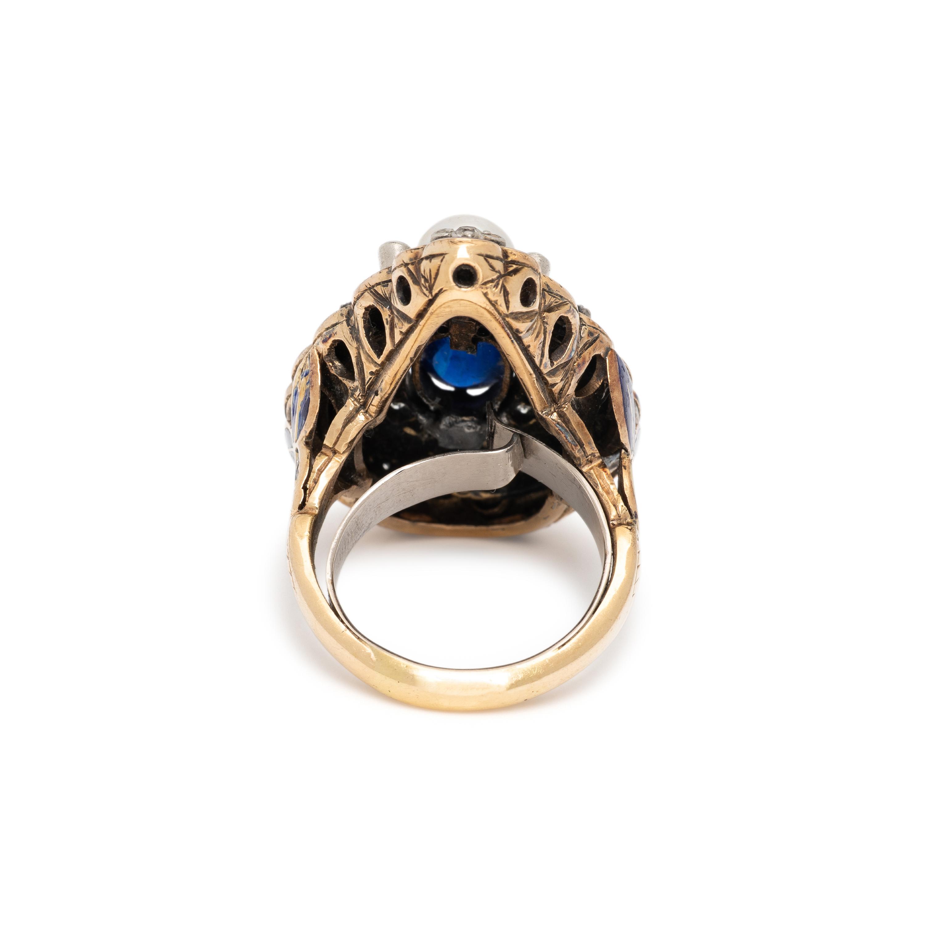 ANTIQUE, SAPPHIRE, DIAMOND, CULTURED PEARL AND ENAMEL RING
