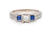 A 14 Karat White Gold, Diamond and Sapphire Ring,