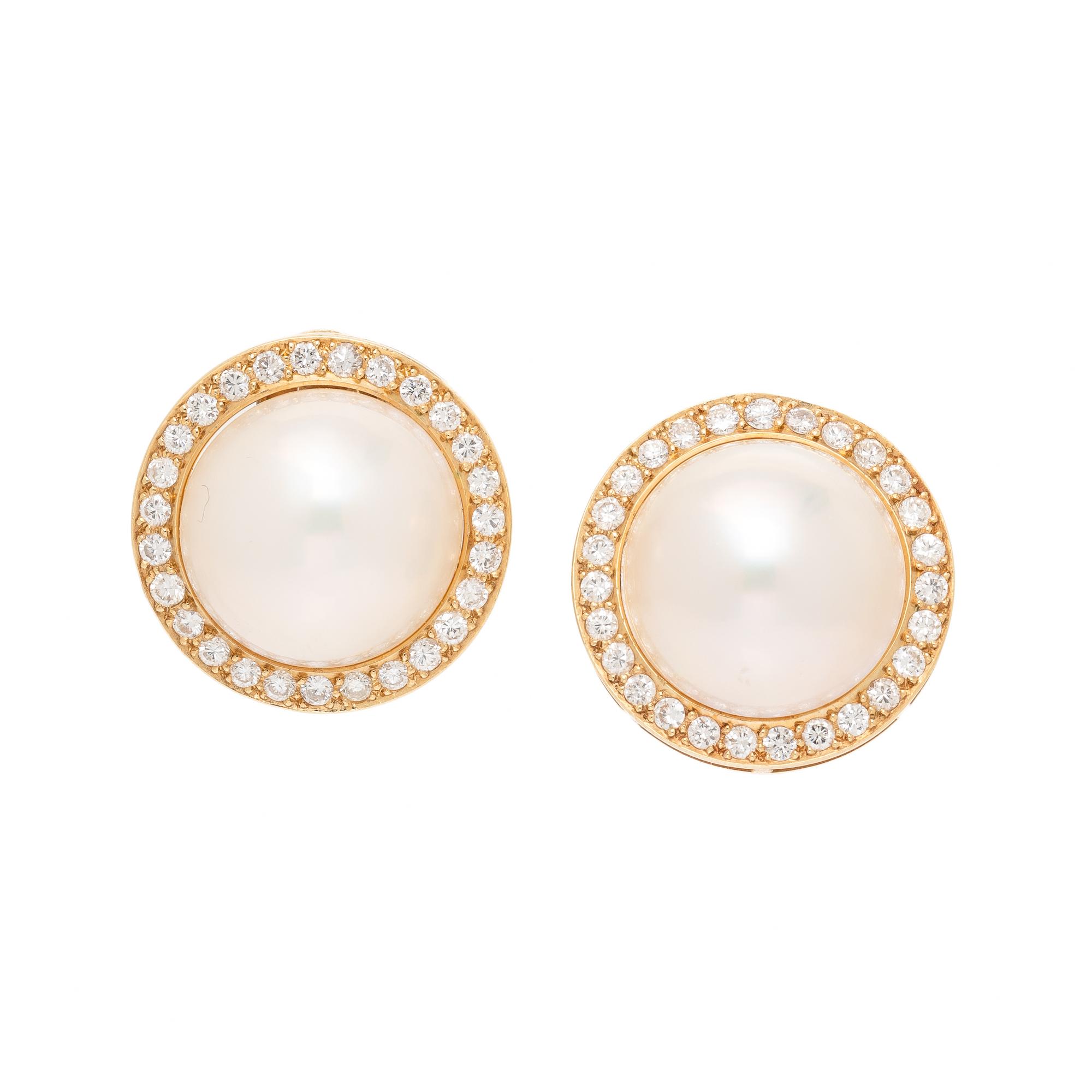 Mabé Pearl, Diamond, and Yellow Gold Earrings