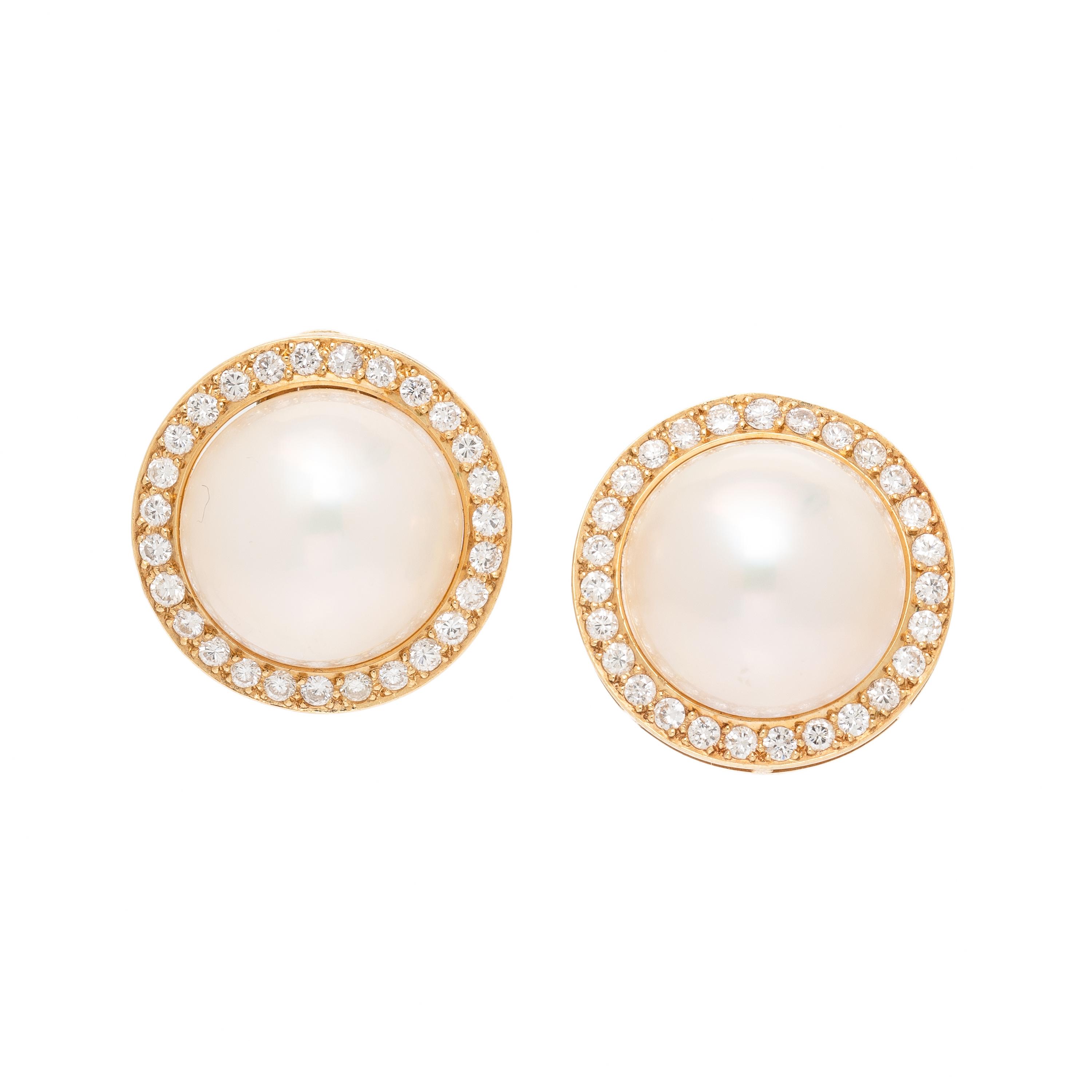 Mabé Pearl, Diamond, and Yellow Gold Earrings