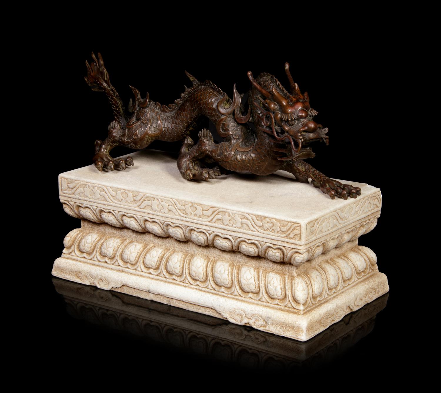 A Large Chinese Bronze Dragon and Stone Base