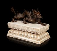 A Large Chinese Bronze Dragon and Stone Base
