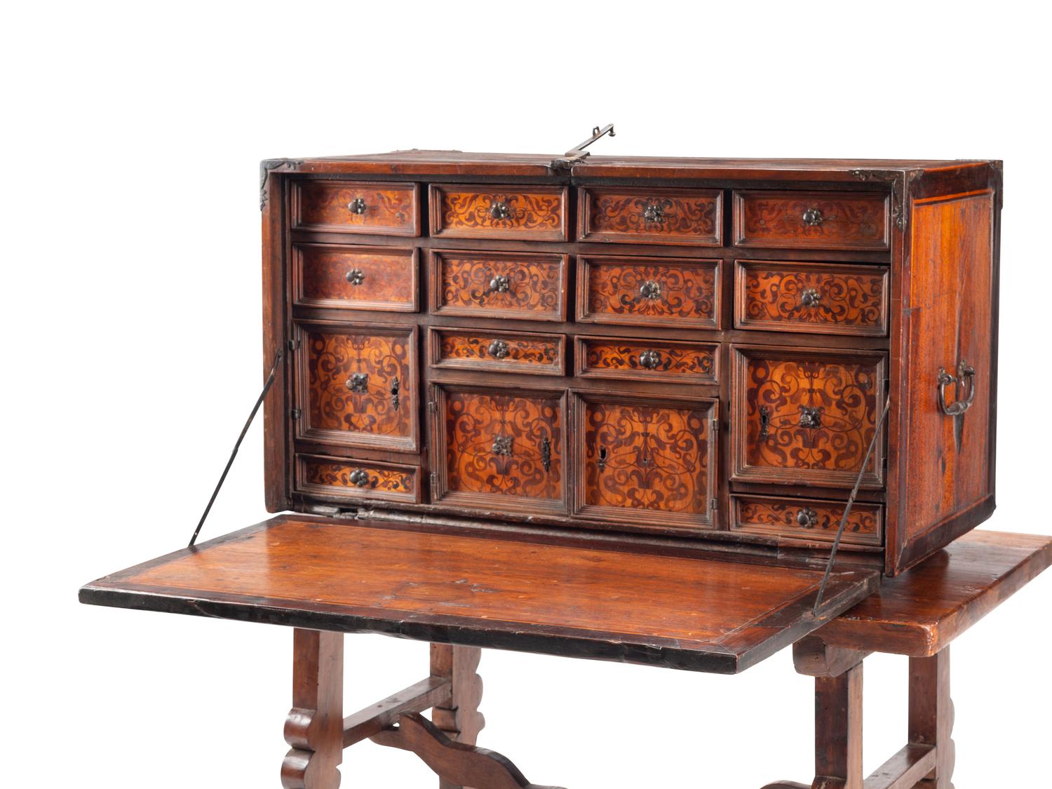 A Spanish Marquetry Vargueño and Stand