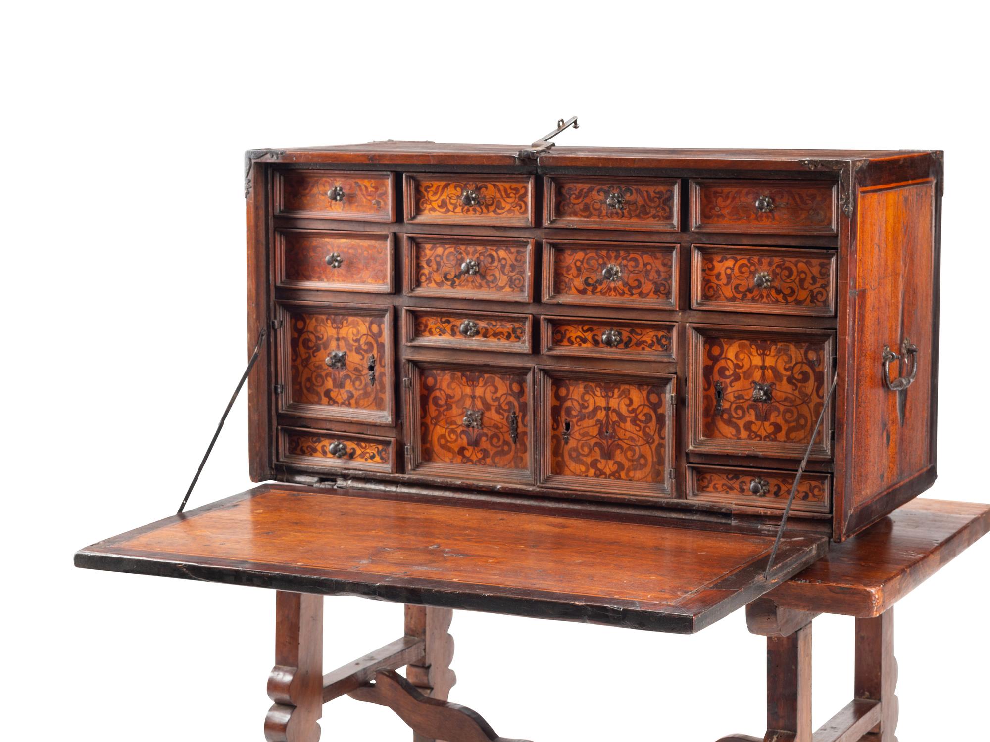 A Spanish Marquetry Vargueño and Stand