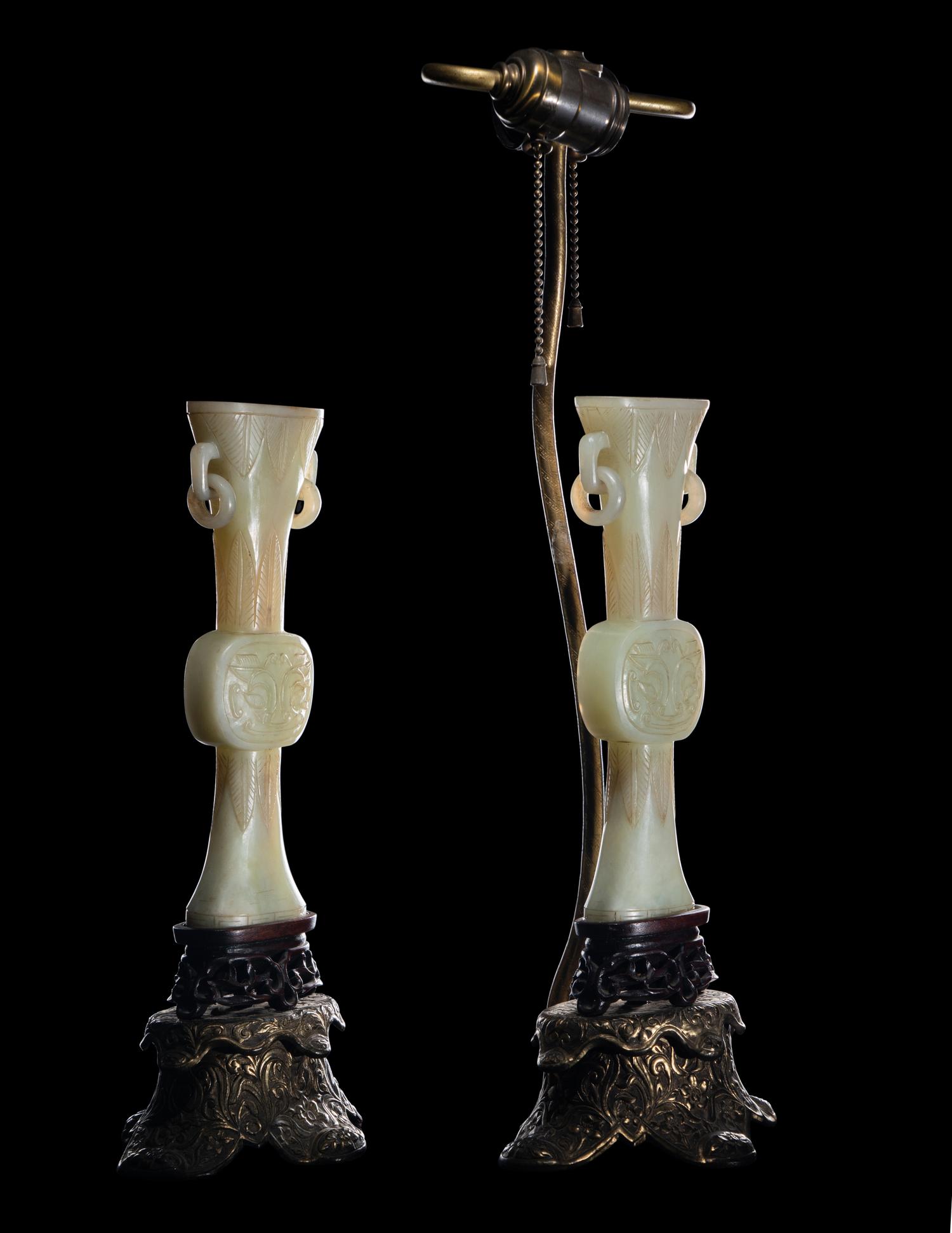 A Pair of Chinese Carved White Jade Gu Vases