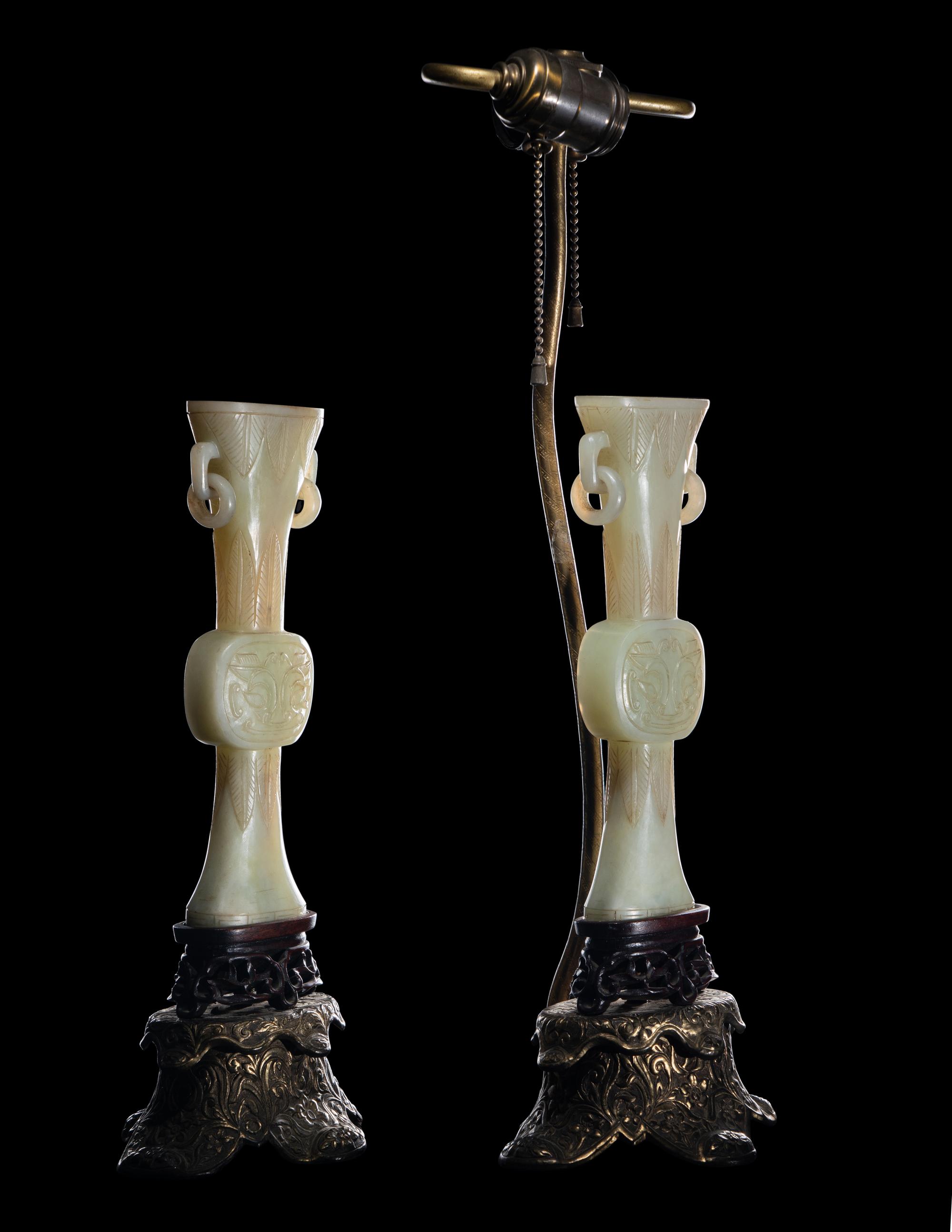 A Pair of Chinese Carved White Jade Gu Vases