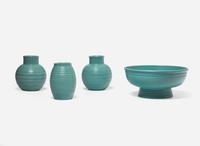 Four Wedgwood Keith Murray Designed Turquoise Vessels, UK, 1930s
