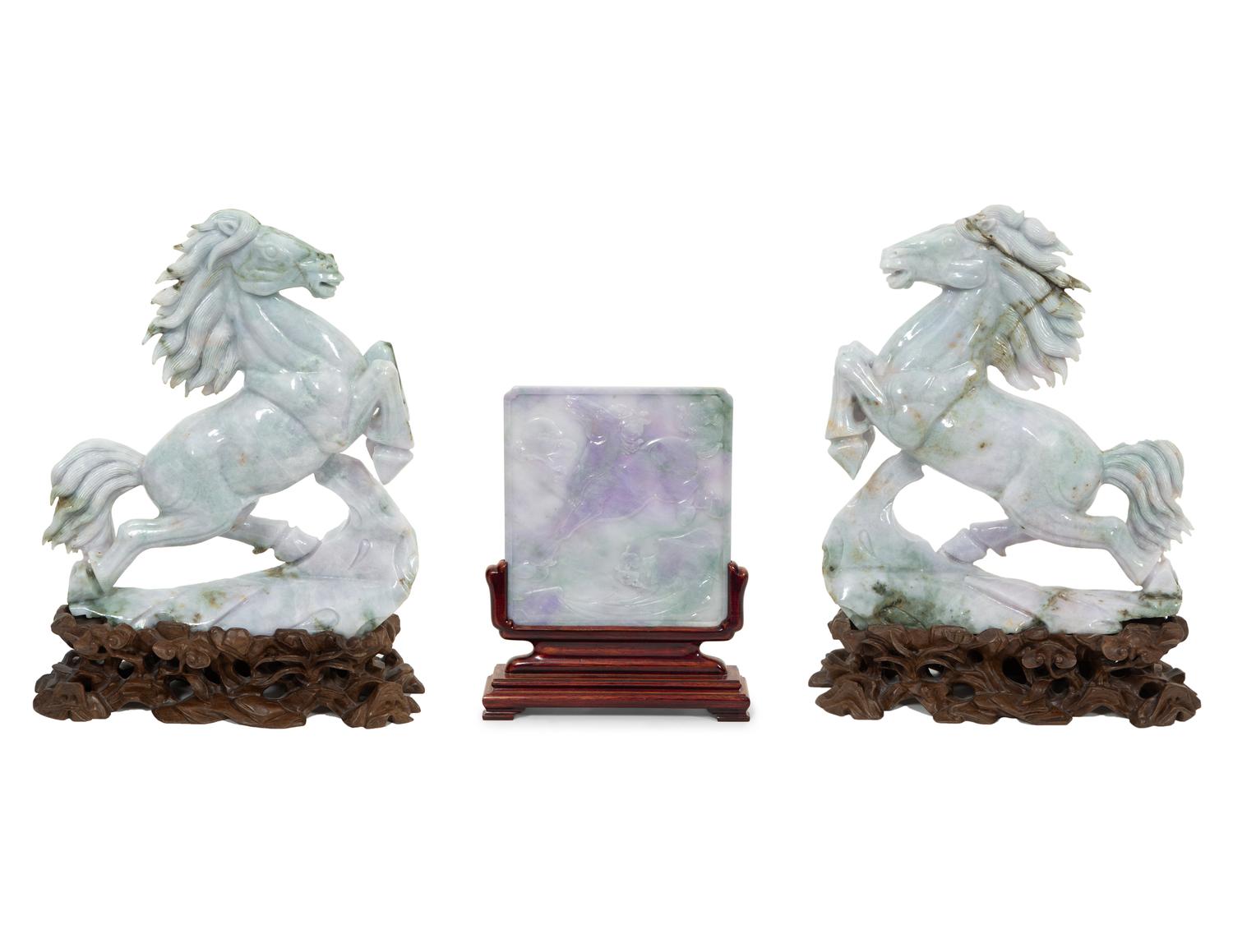A Pair of Chinese Carved Jadeite Rearing Horse Sculptures and a Carved Jadeite Plaque