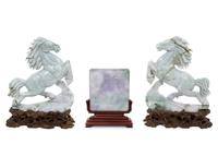 A Pair of Chinese Carved Jadeite Rearing Horse Sculptures and a Carved Jadeite Plaque