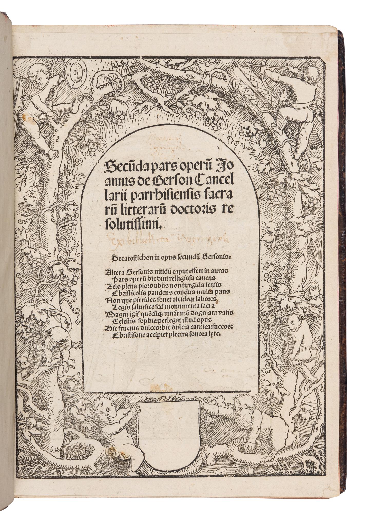 GERSON, Johannes (1363-1429). Prima [- Tertia ] Pars Opera [With: Inventarium in Vol. I] . Edited by Johannes Geiler von Kaisersberg. [Strassburg : Johann (Reinhard) Grüninger, partly with the types of Johann Prüss and Martin Flach], I: 10 September 1488, II: 3 July 1488; III: 6 September 1488; IV: Martin Flach, [1502].