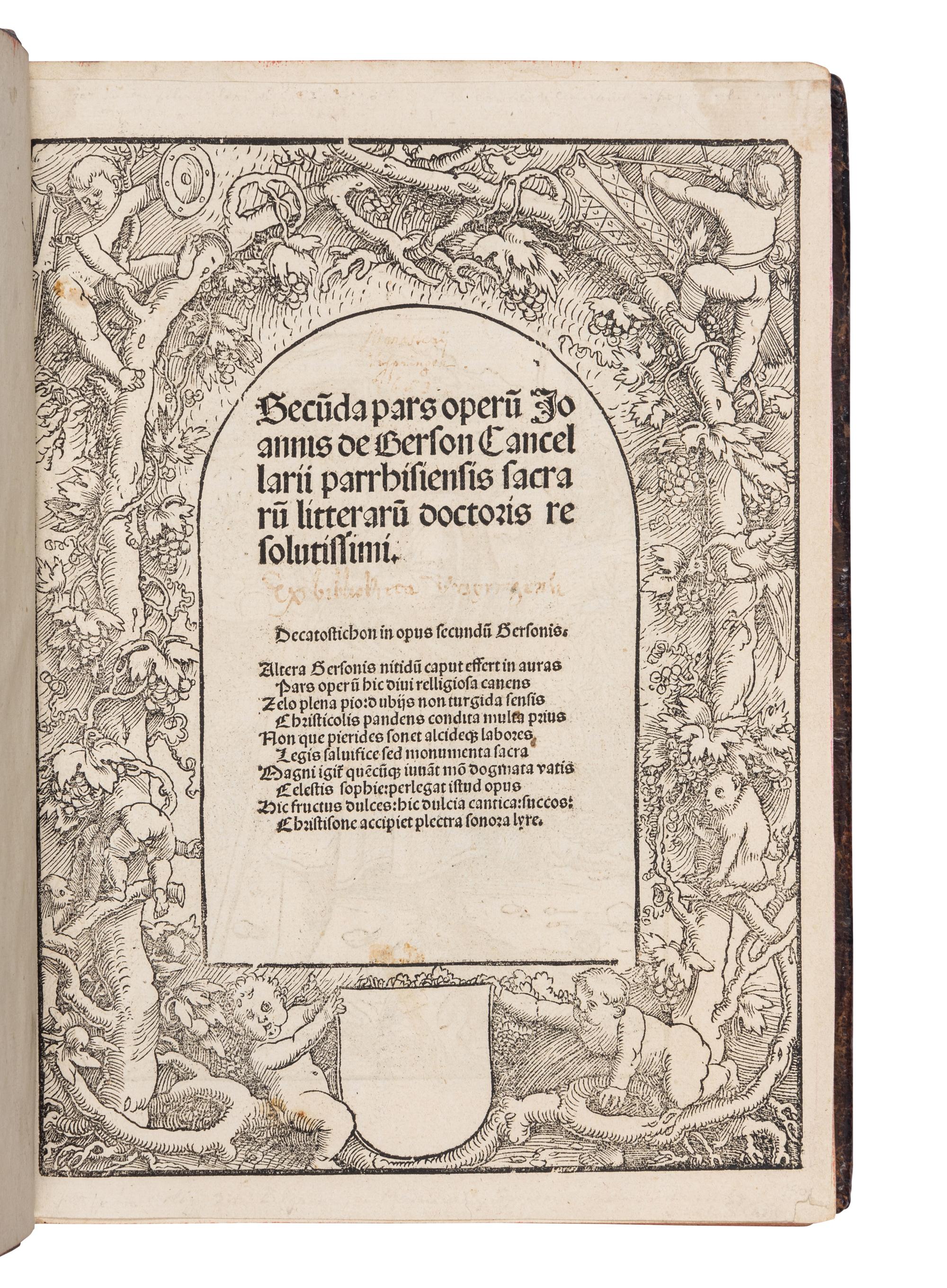 GERSON, Johannes (1363-1429). Prima [- Tertia ] Pars Opera [With: Inventarium in Vol. I] . Edited by Johannes Geiler von Kaisersberg. [Strassburg : Johann (Reinhard) Grüninger, partly with the types of Johann Prüss and Martin Flach], I: 10 September 1488, II: 3 July 1488; III: 6 September 1488; IV: Martin Flach, [1502].
