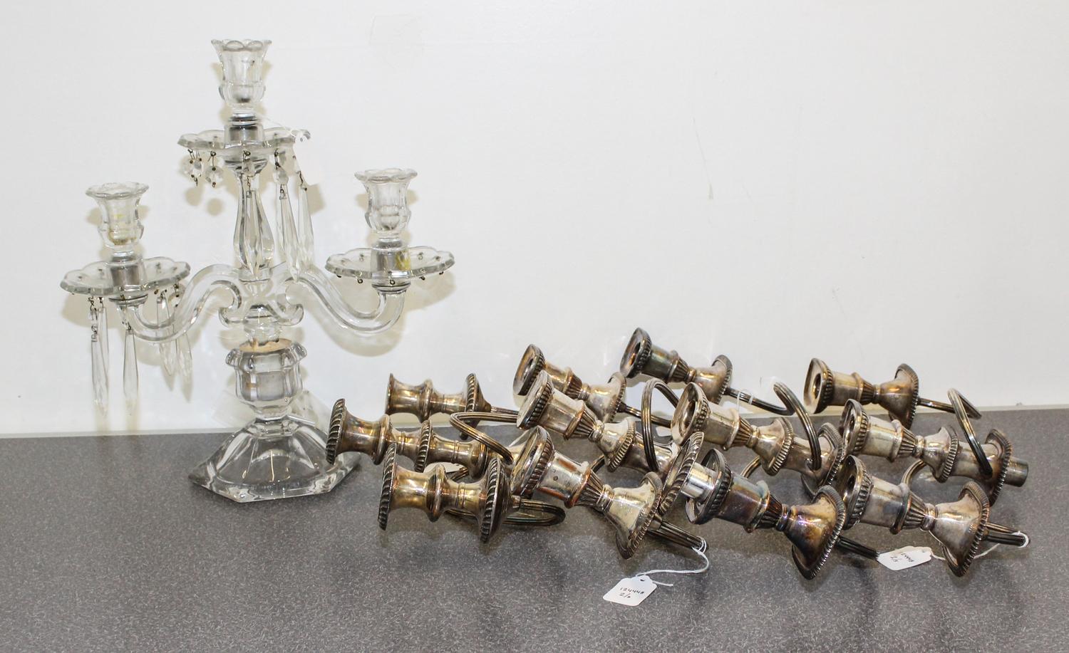 A Continental Glass Three Light Candelabra Height 13 1/4 inches.