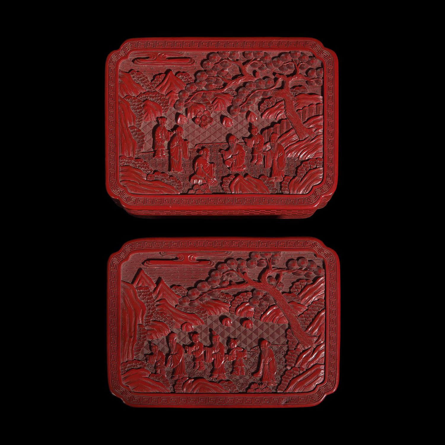 A Pair of Chinese Cinnabar Lacquer Boxes, Late 19th to 20th Century 晚清-民國 剔紅高士圖倭角方盒一對