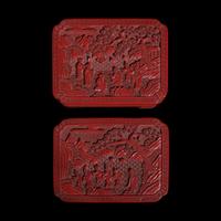 A Pair of Chinese Cinnabar Lacquer Boxes, Late 19th to 20th Century 晚清-民國 剔紅高士圖倭角方盒一對