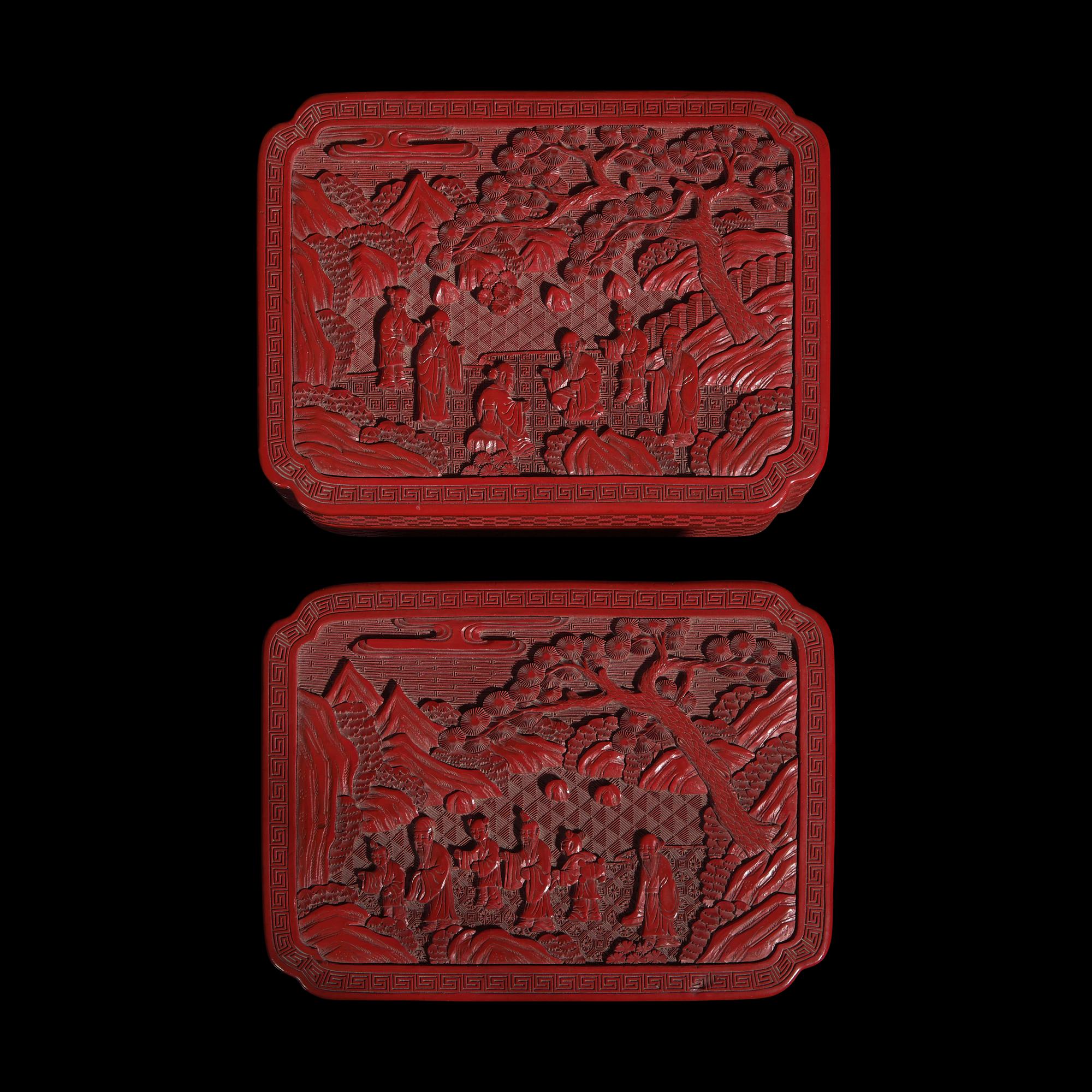 A Pair of Chinese Cinnabar Lacquer Boxes, Late 19th to 20th Century 晚清-民國 剔紅高士圖倭角方盒一對