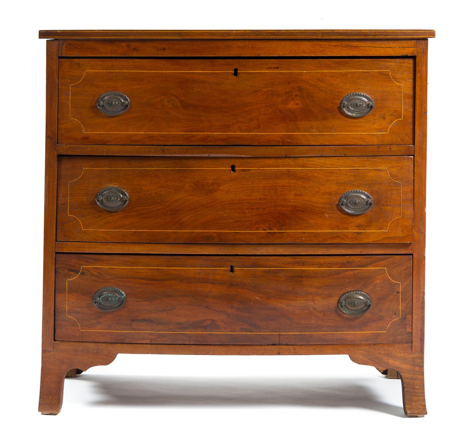 A Late George III/Regency Satinwood Banded Mahogany Bowfront Chest of Drawers Height 34 x width 34 3/4 x depth 17 inches. — EARLY 19TH CENTURY
