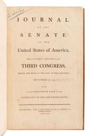 [UNITED STATES SENATE]. Journal of the Senate of the United States of America, Being the First Session of the Third Congress... December 2, 1793 [ -9 June 1794 ]. -- Philadelphia: John Fenno, 1793[-94] – Journal of the Senate of the United States of America, Being the Second Session of the Third Congress... November 3rd, 1794 [ -3 March 1795 ]. Philadelphia: John Fenno, 1794-[95].
