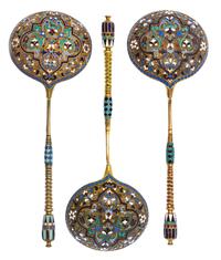 A Pair of Silver-Gilt and Enamel Spoons, Mark of Gustav Klingert, Moscow, 1888, each having a polychrome enameled finial on a twist han