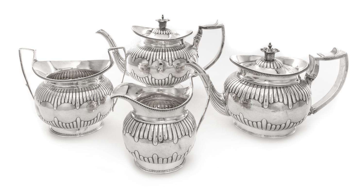 A George III Silver Four-Piece Tea Set, Daniel Pontifex, London, 1802-03, comprising a large teapot, smaller teapot, creamer and sugar