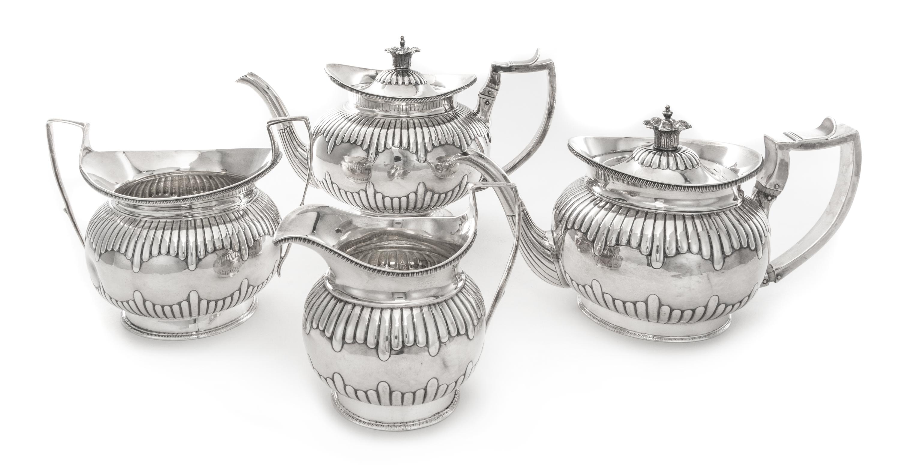 A George III Silver Four-Piece Tea Set, Daniel Pontifex, London, 1802-03, comprising a large teapot, smaller teapot, creamer and sugar