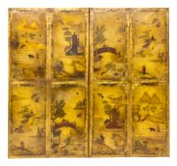 An English Painted Leather Four-Fold Screen Height 69 3/4 x width 18 1/4 inches. — 20TH CENTURY
