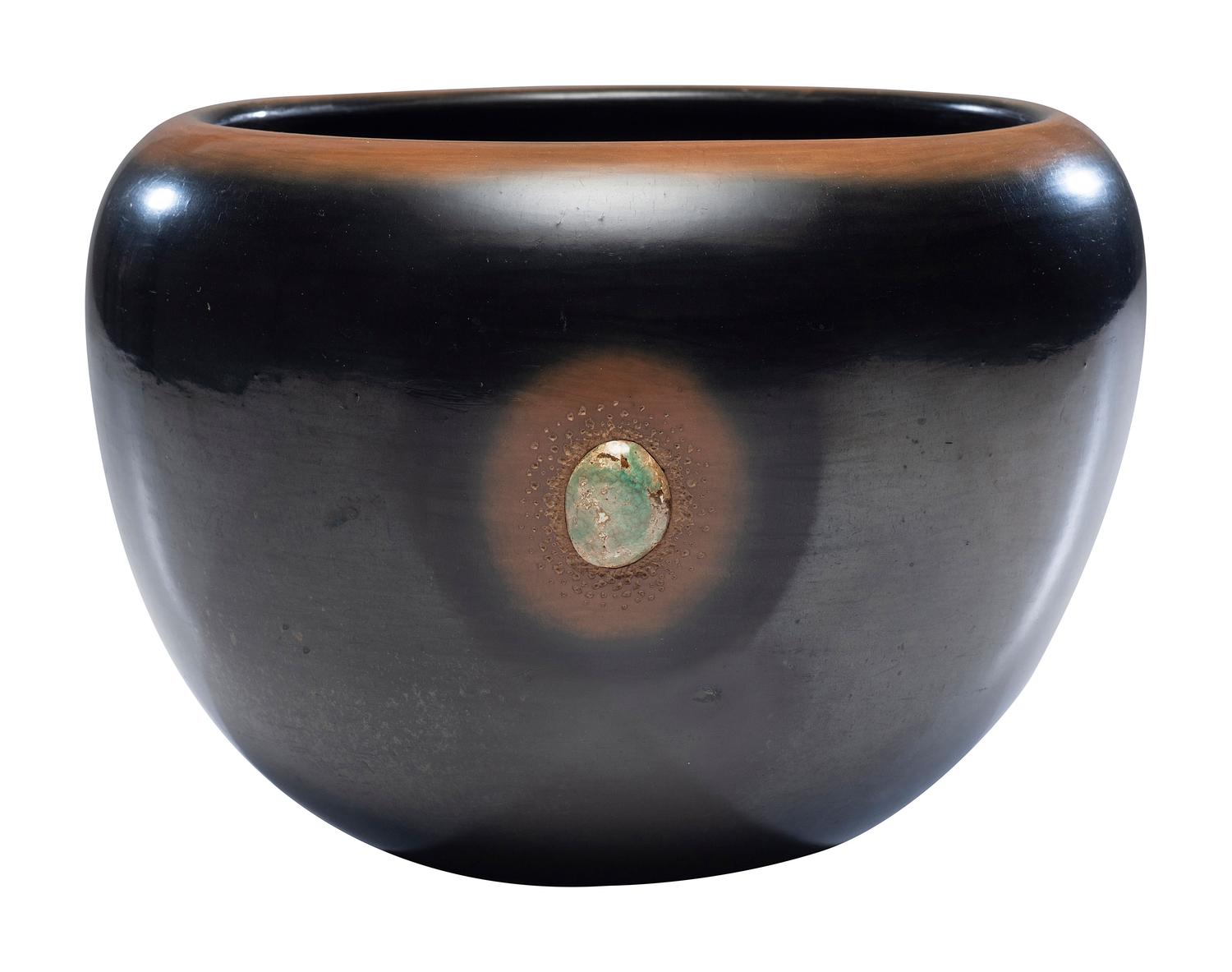 Black and Siena Pottery Jar, with Turquoise