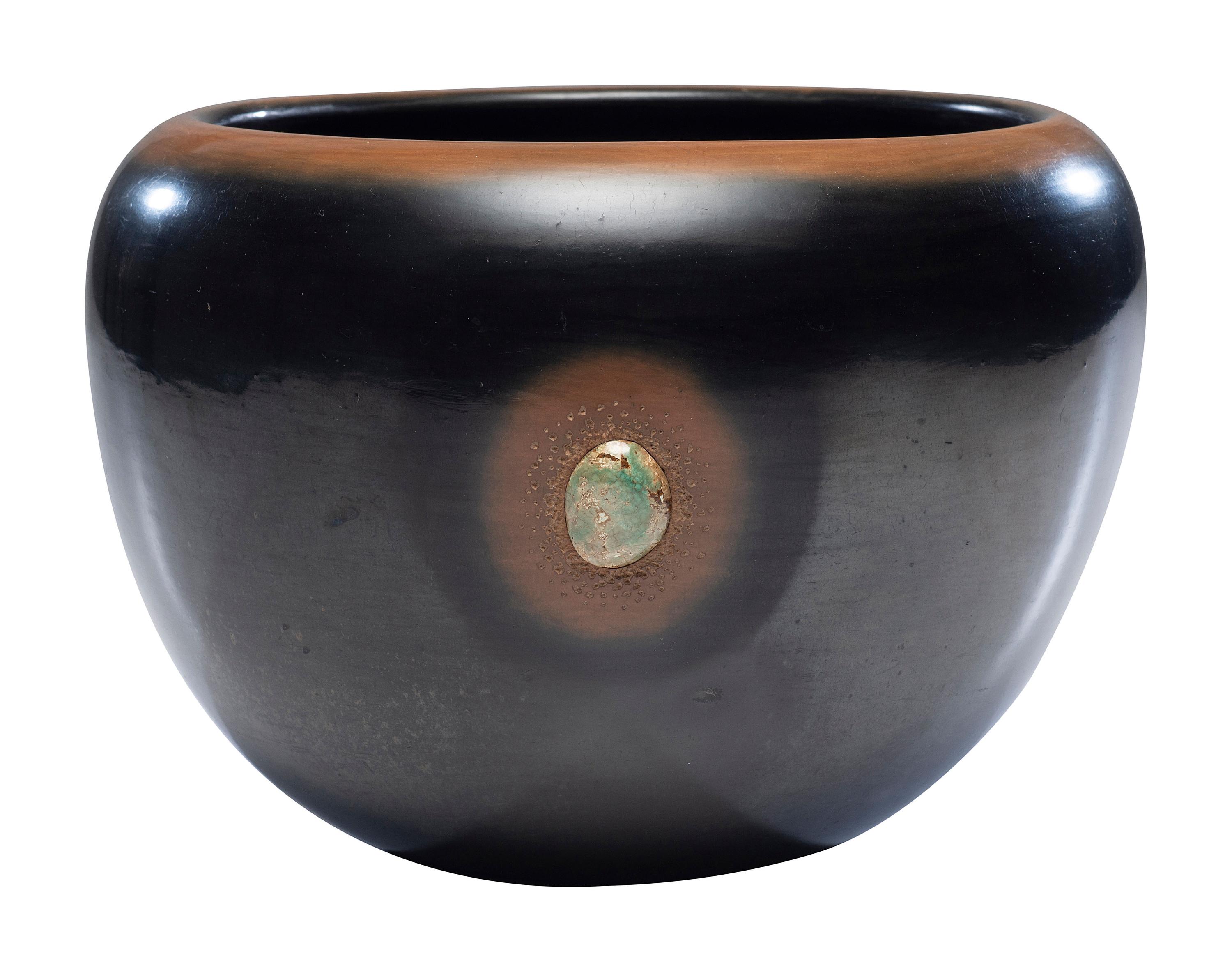 Black and Siena Pottery Jar, with Turquoise