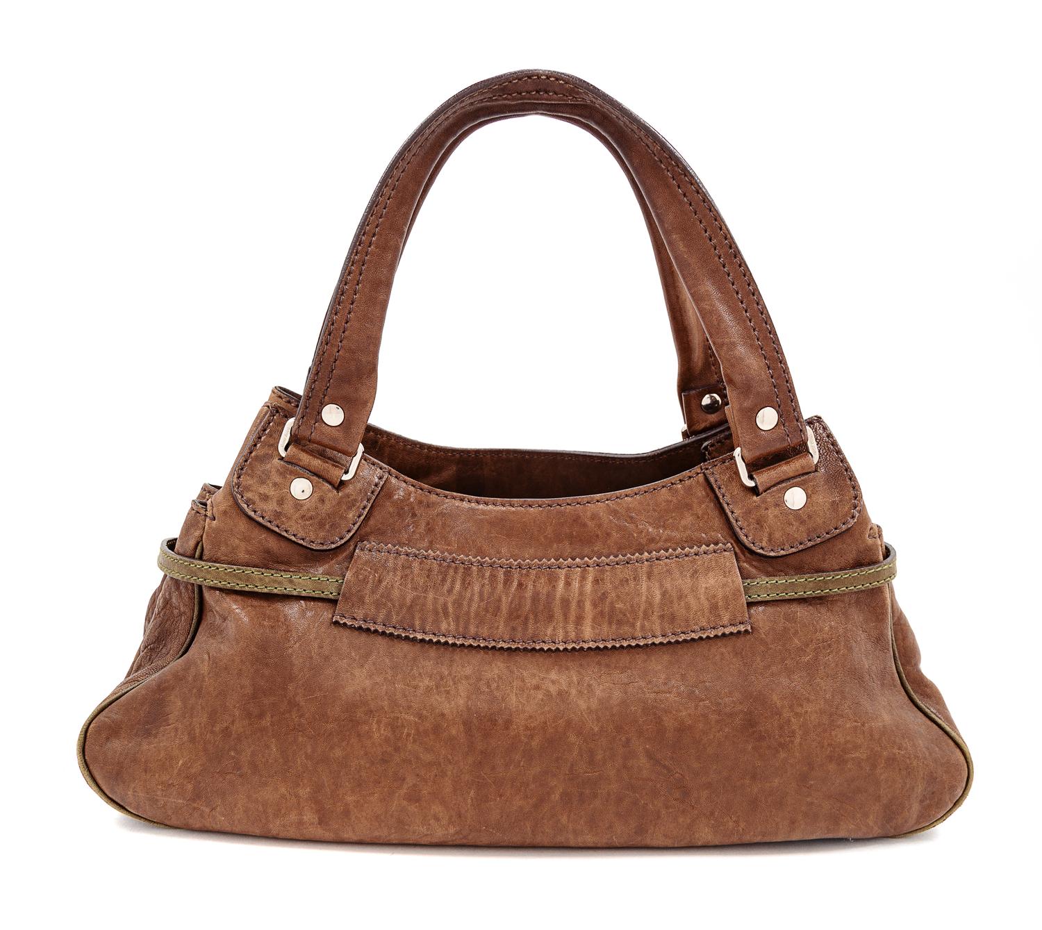 A Miu Miu Brown Leather Handbag, 7" H x 14.75" W x 6" D; Handle drop: 6.5".