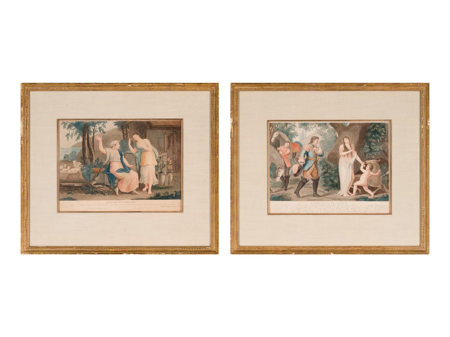 A Set of Four French Hand-Colored Engravings in Giltwood Frames