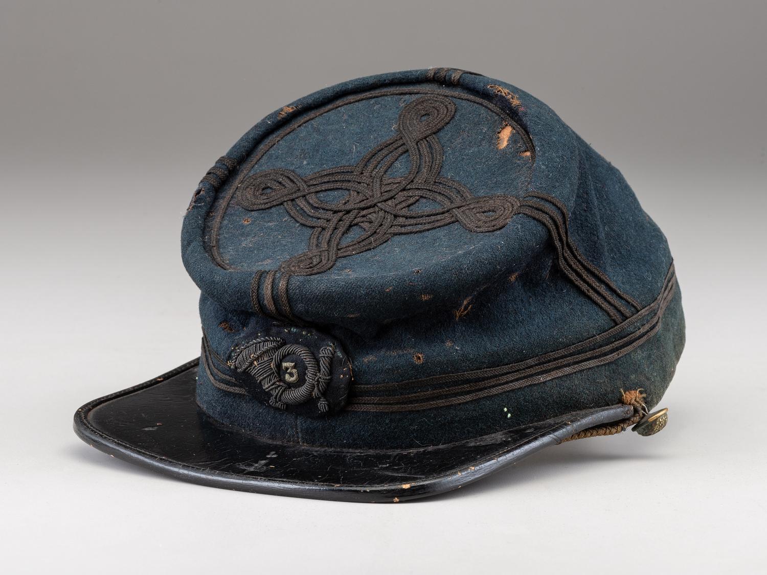 [CIVIL WAR]. Chasseur-style cap with 3rd regiment number and insignia and officer's sash.