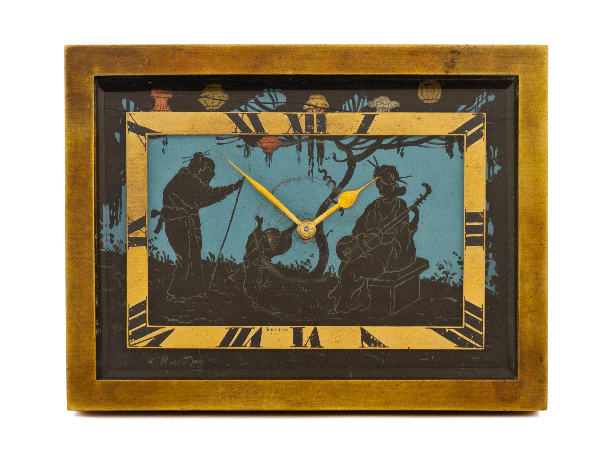 A French Bronze Desk Clock, TIFFANY & CO., Height 3 3/8 x width 4 1/2 inches. — TIFFANY & CO.,