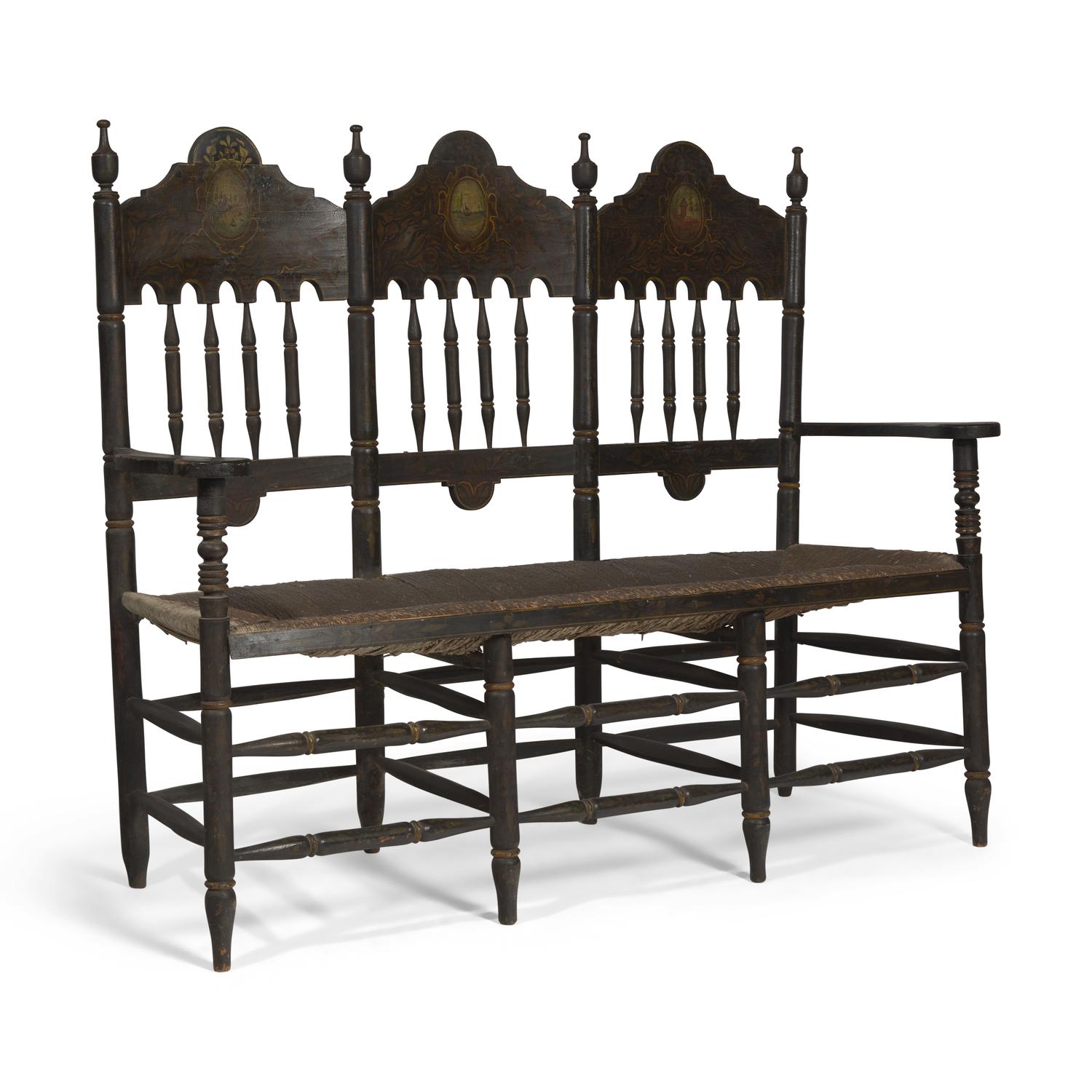 A Painted and Decorated Bannister-Back Settee