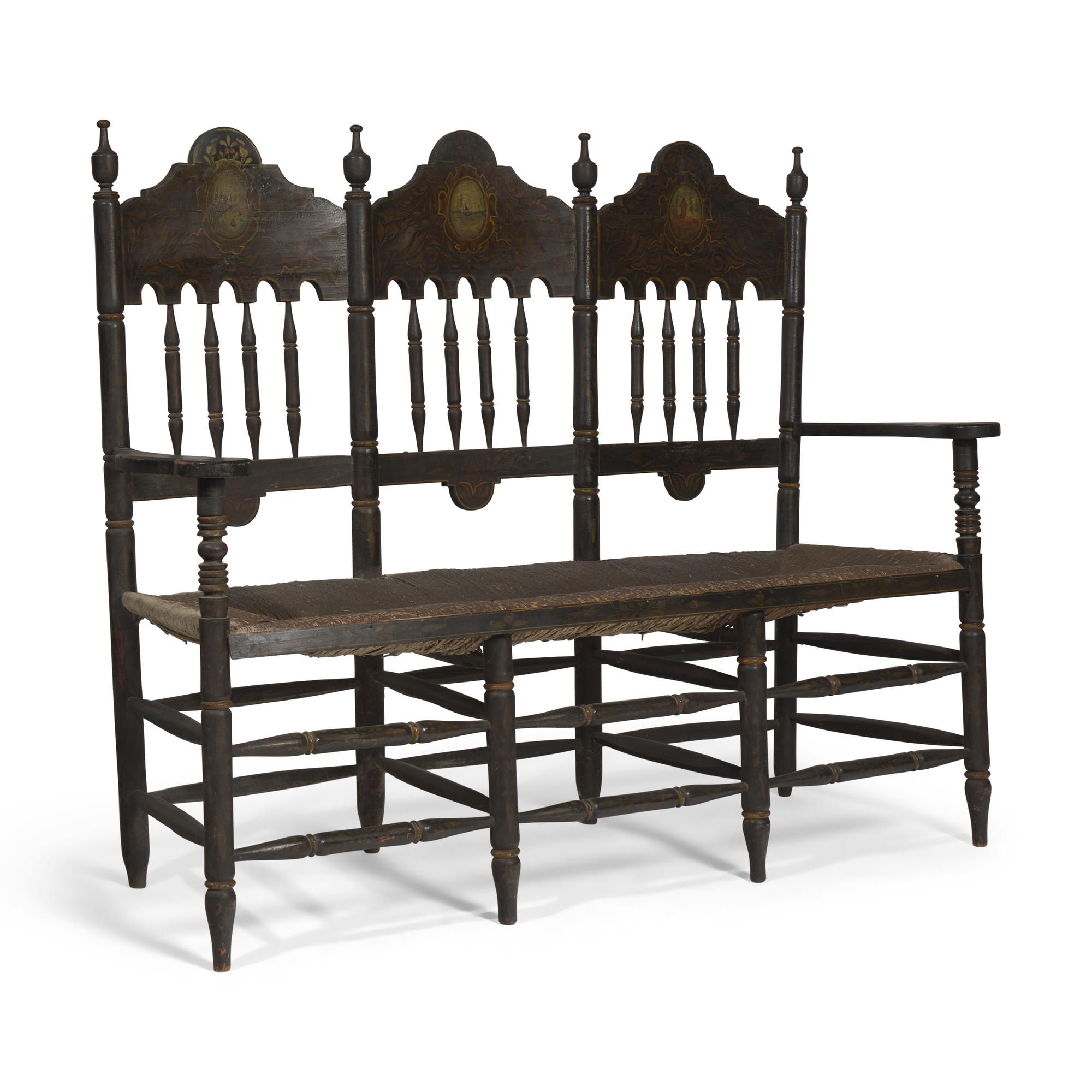 A Painted and Decorated Bannister-Back Settee