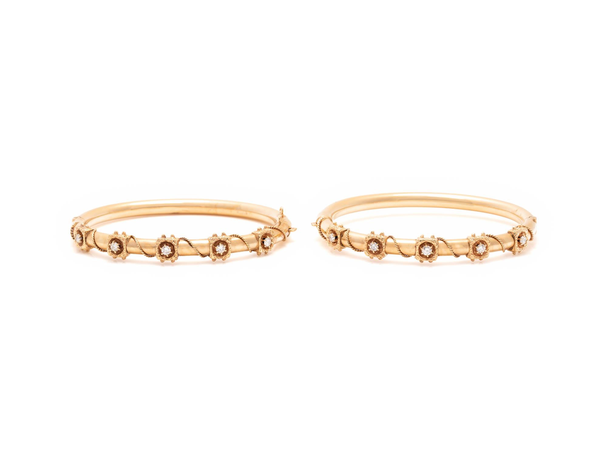 PAIR OF YELLOW GOLD AND DIAMOND BANGLE BRACELETS