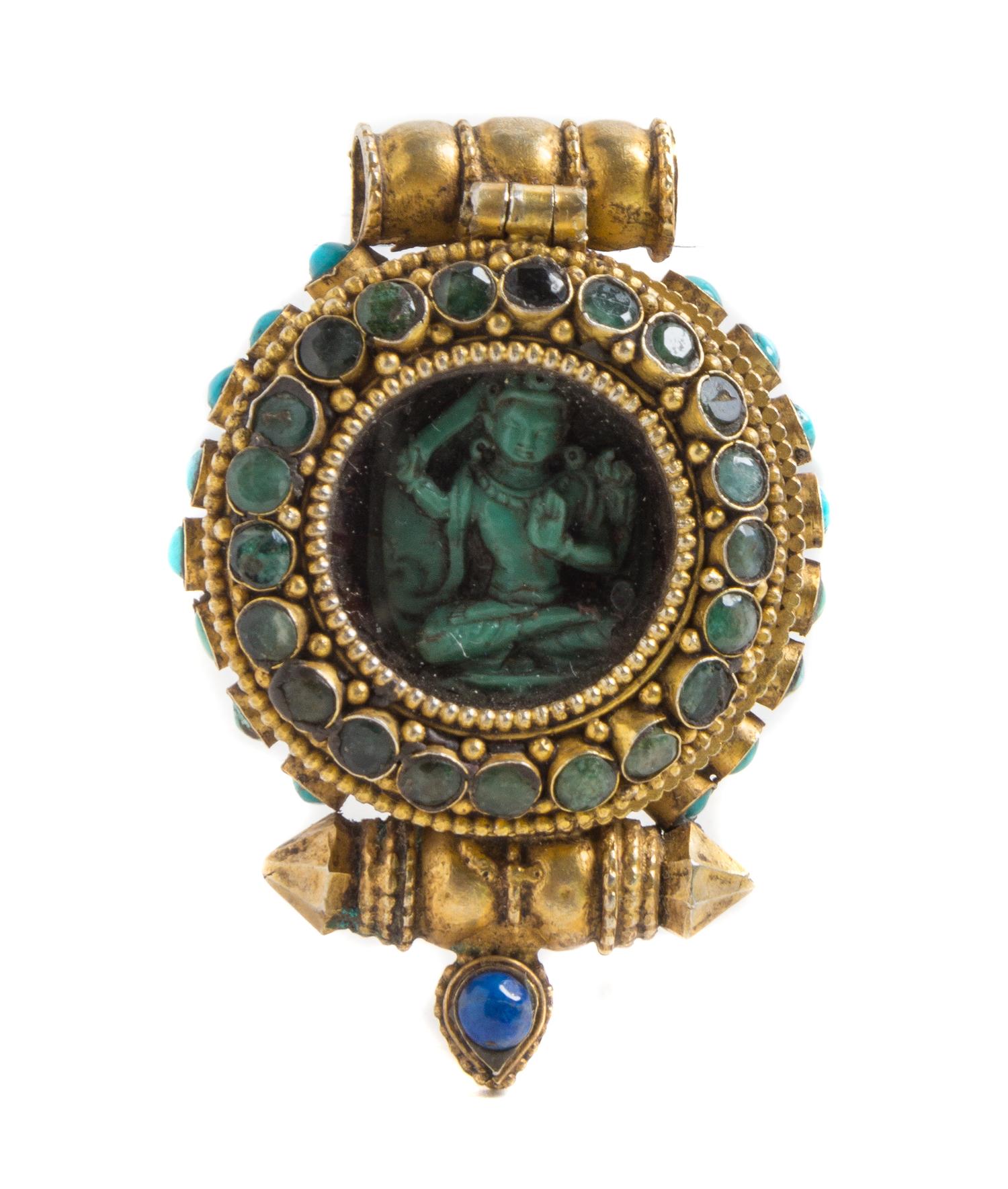 A Small Tibetan Hardstone and Glass Inset Metal Prayer Box
