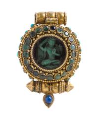 A Small Tibetan Hardstone and Glass Inset Metal Prayer Box