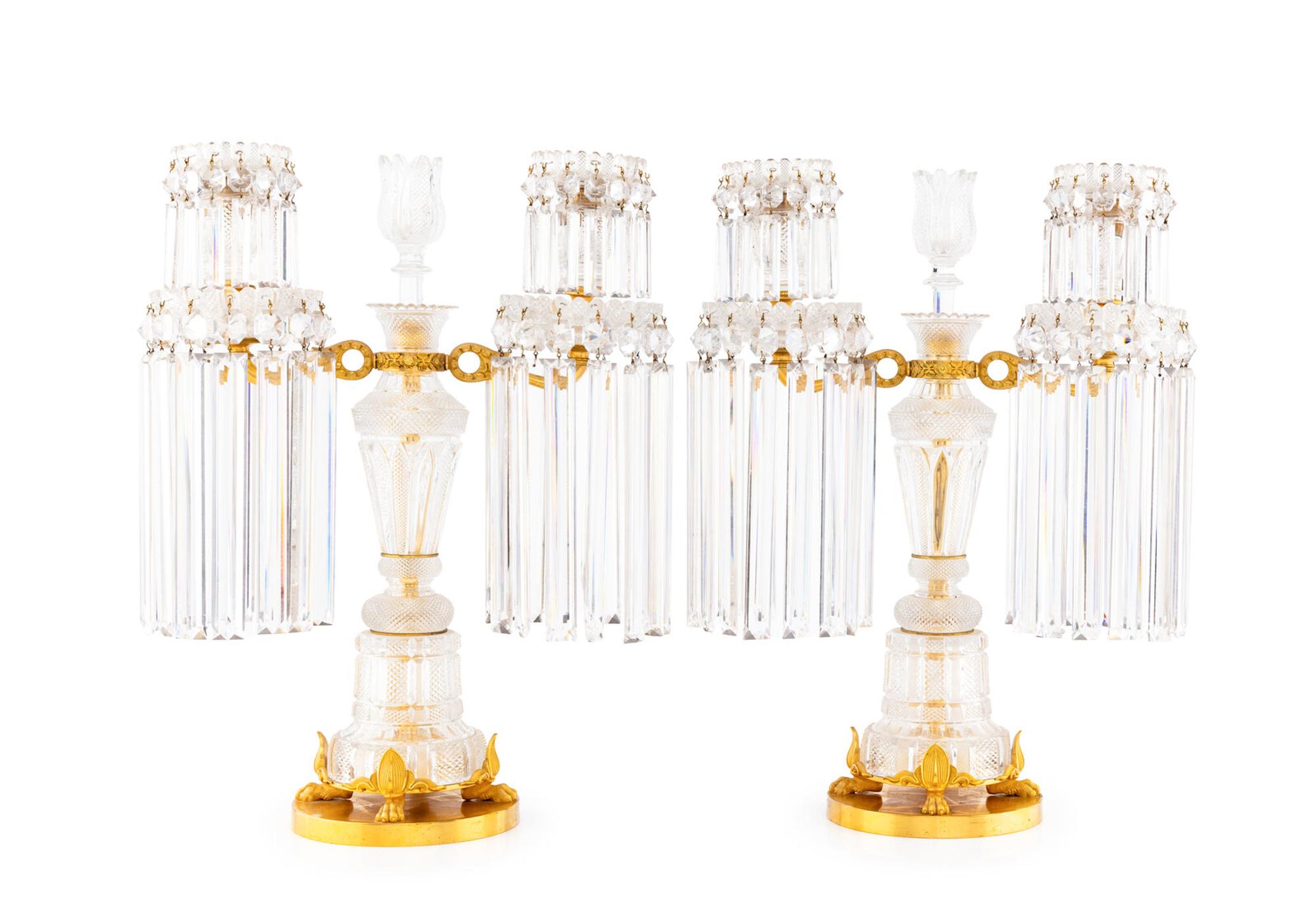 A Pair Regency Ormolu Mounted Cut-Glass Three-Light Candelabra