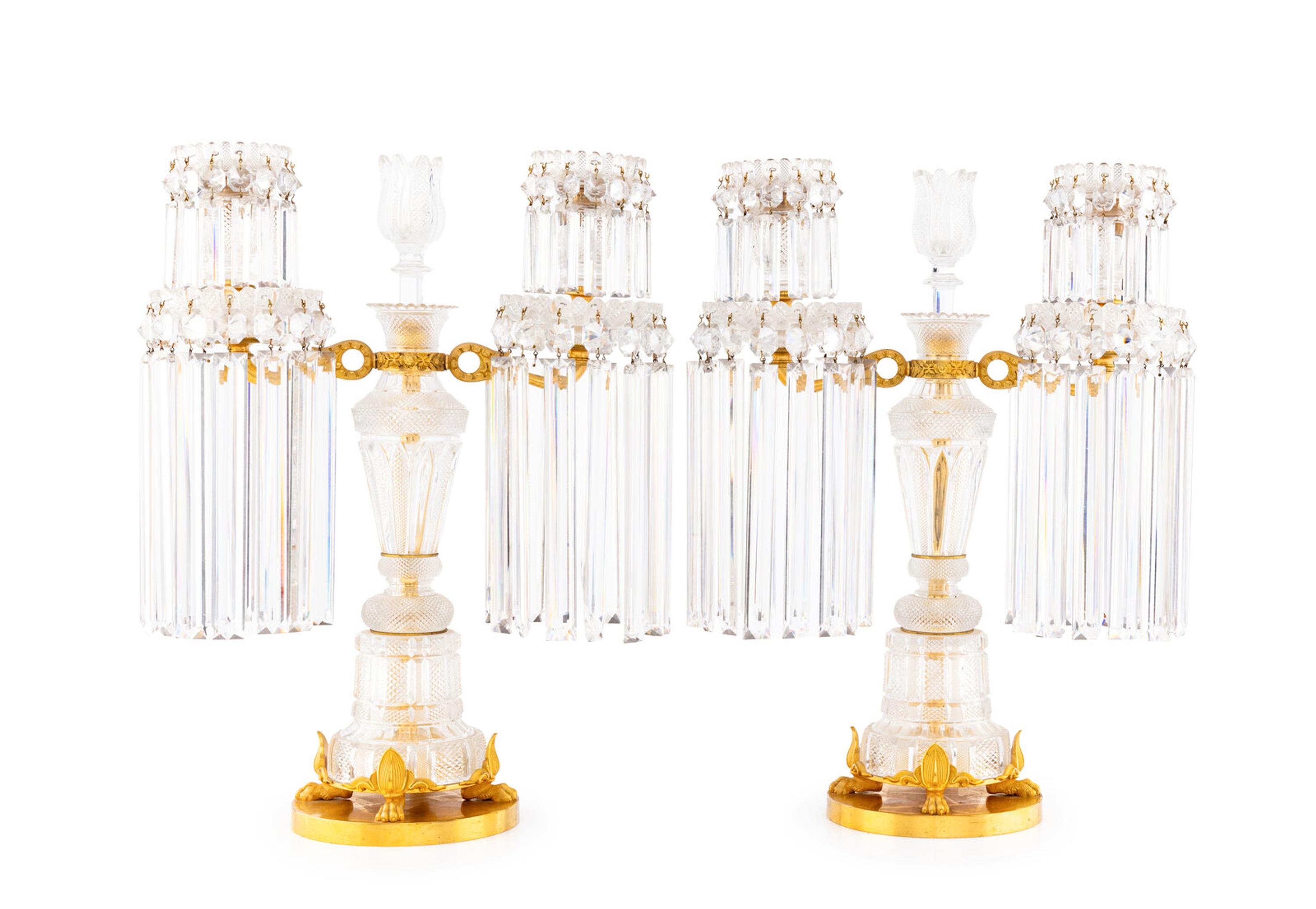 A Pair Regency Ormolu Mounted Cut-Glass Three-Light Candelabra