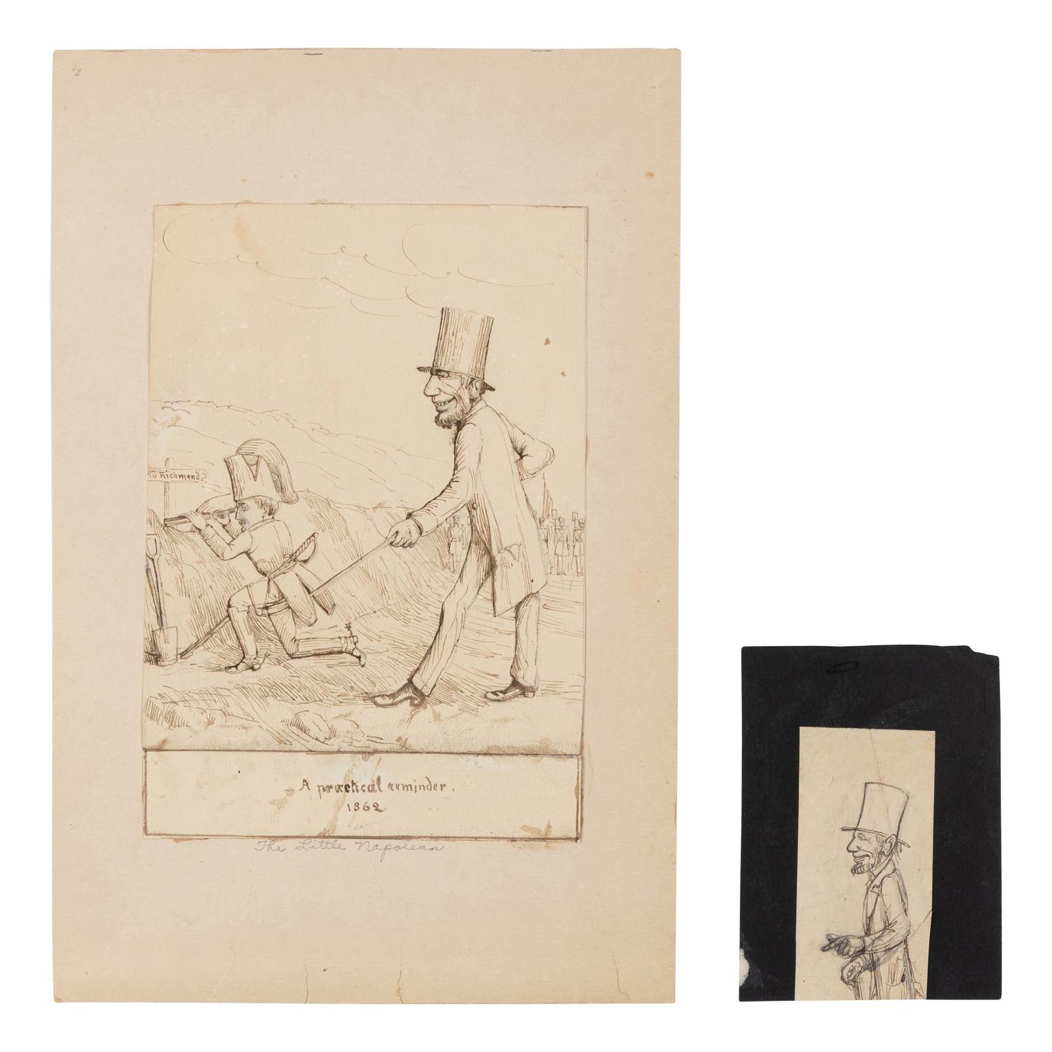 David Hunter Strother (American, 1816-1888) An original "from life" field sketch and a later caricature of President Abraham Lincoln rendered during his visit to Antietam, 2-3 October 1862.