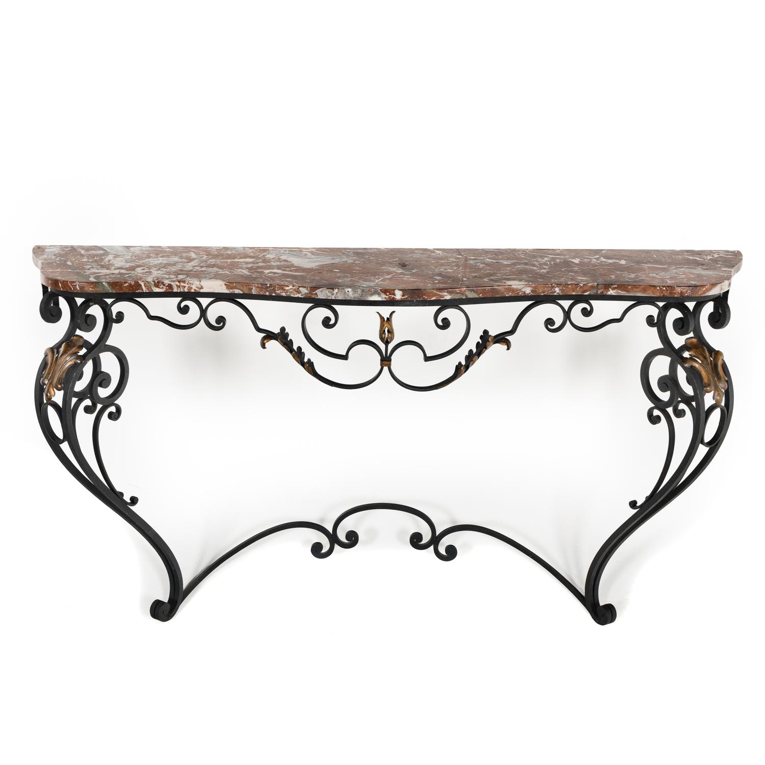 A Wrought Iron Marble-Top Console Table