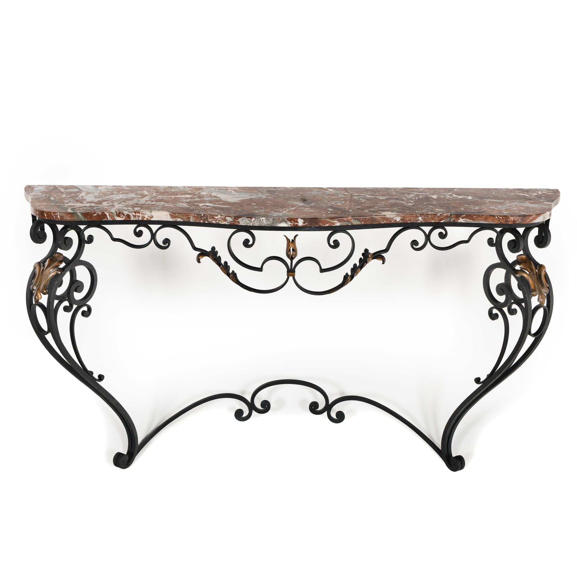 A Wrought Iron Marble-Top Console Table