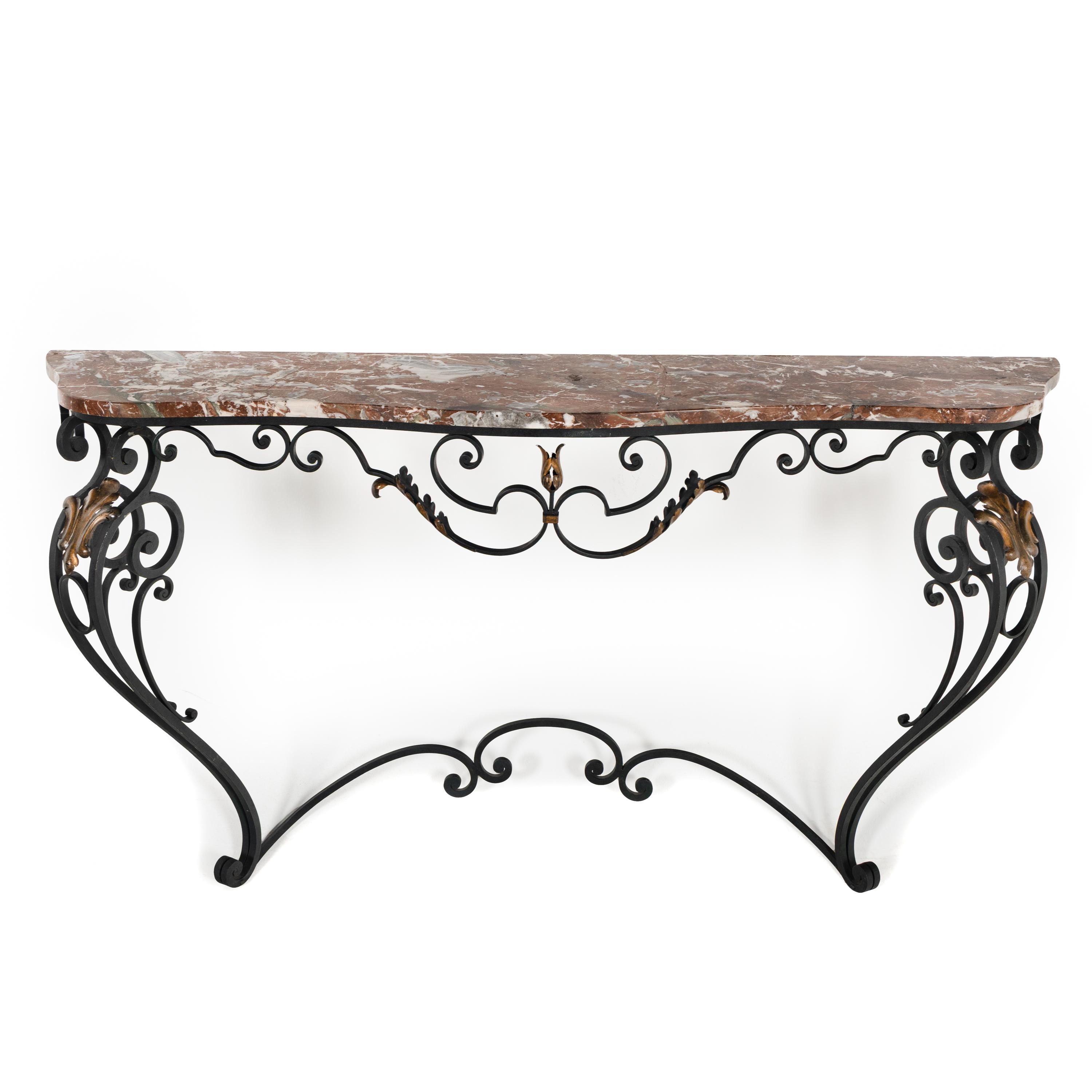 A Wrought Iron Marble-Top Console Table