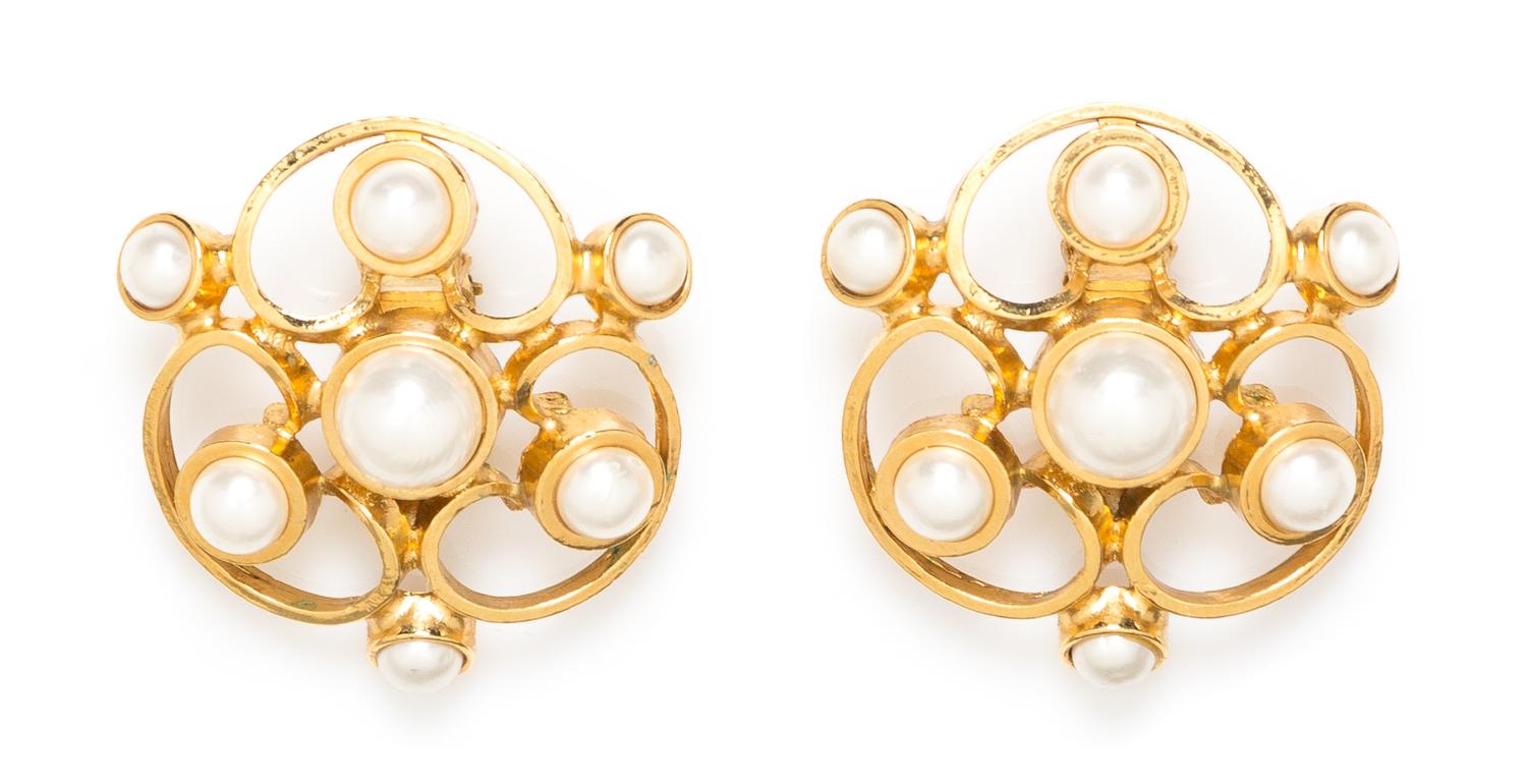 A Pair of Chanel Faux Pearl and Goldtone Earclips, 2" x 2".