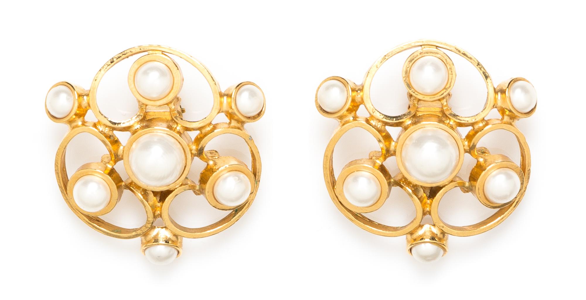 A Pair of Chanel Faux Pearl and Goldtone Earclips, 2" x 2".