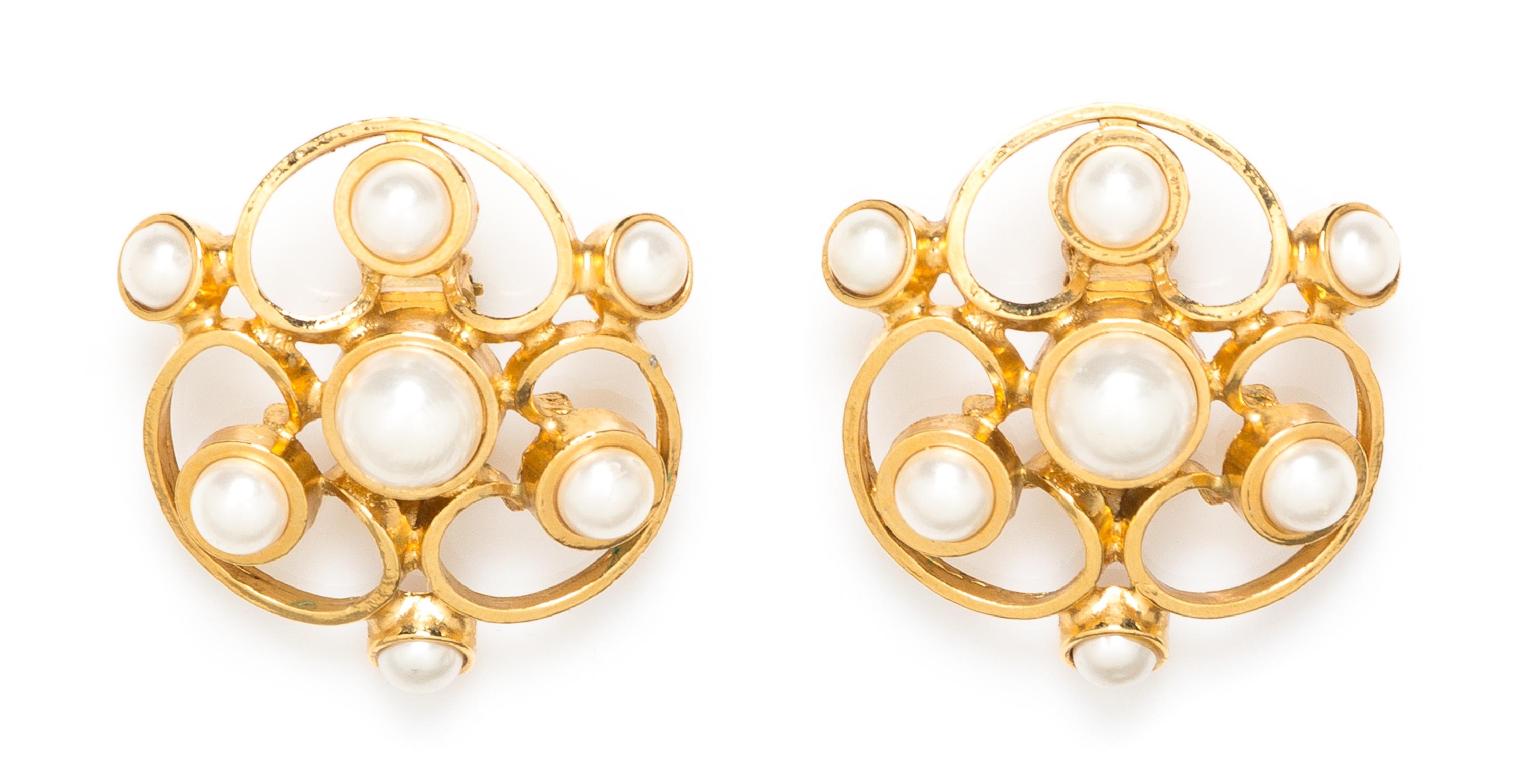 A Pair of Chanel Faux Pearl and Goldtone Earclips, 2" x 2".